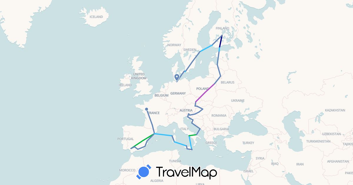 TravelMap itinerary: driving, bus, cycling, train, boat in Austria, Czech Republic, Germany, Denmark, Estonia, Spain, Finland, France, Croatia, Hungary, Italy, Lithuania, Latvia, Poland, Sweden, Slovenia, Slovakia (Europe)